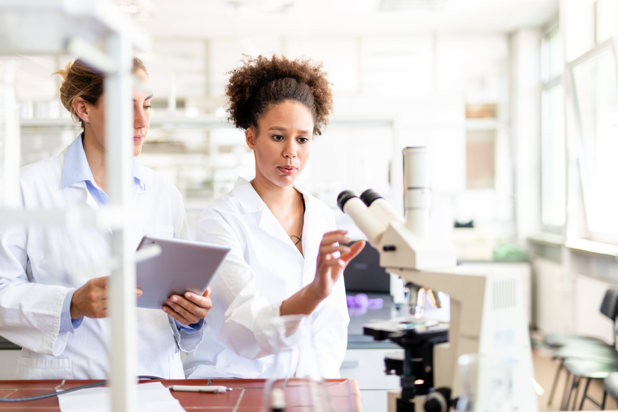 Researcher looking at a microscope