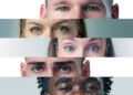 Diverse group of individuals with striking blue eyes showcasing unity and connection