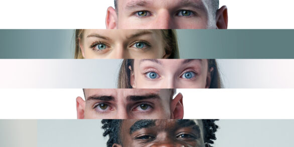Diverse group of individuals with striking blue eyes showcasing unity and connection